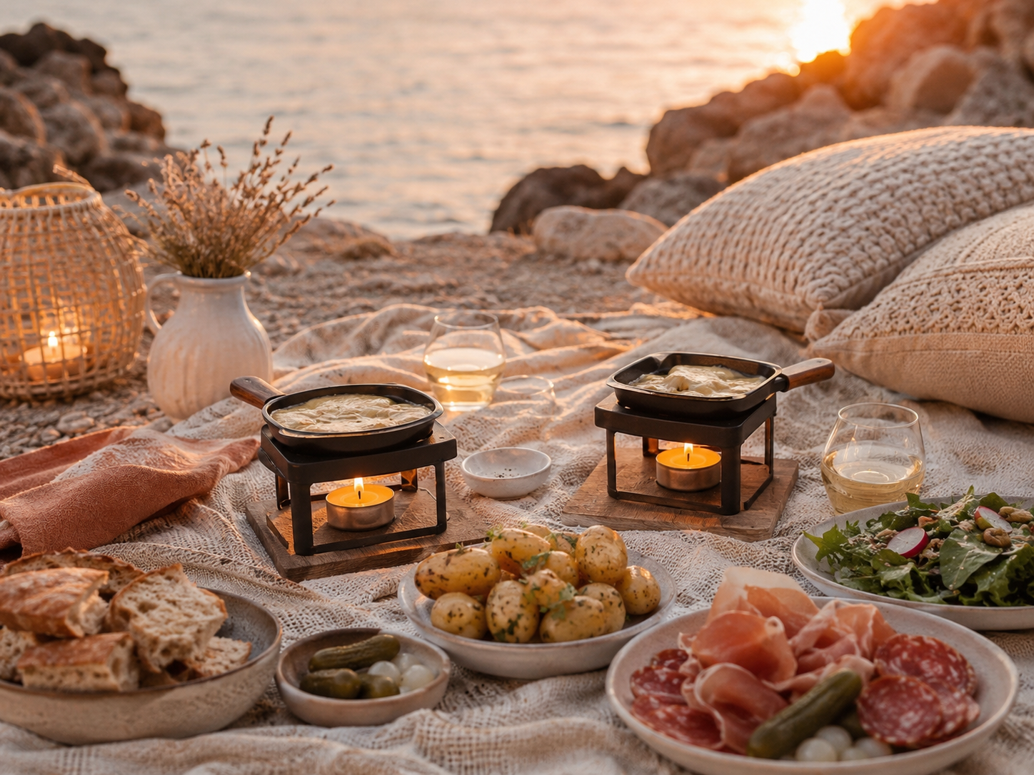 Formule raclette à la bougie à Marseille avec fromage, pommes de terre, charcuterie, salade et pain face à la mer