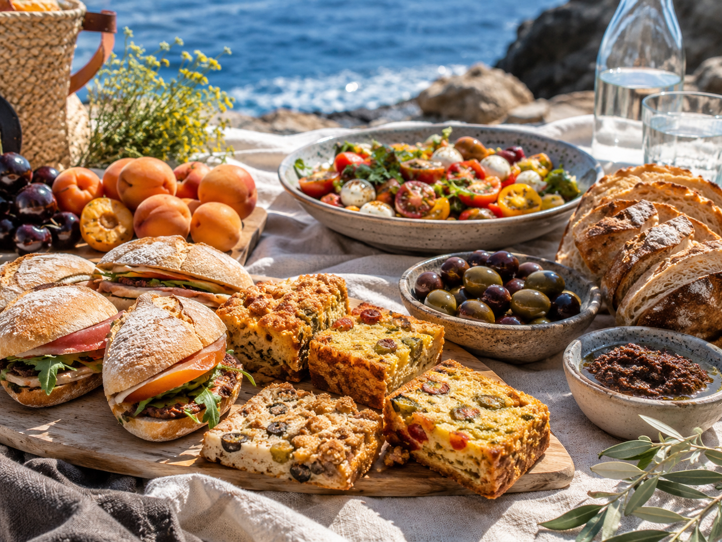 Menu de pique-nique provençal à Marseille avec mini sandwichs, salade, olives et pain frais